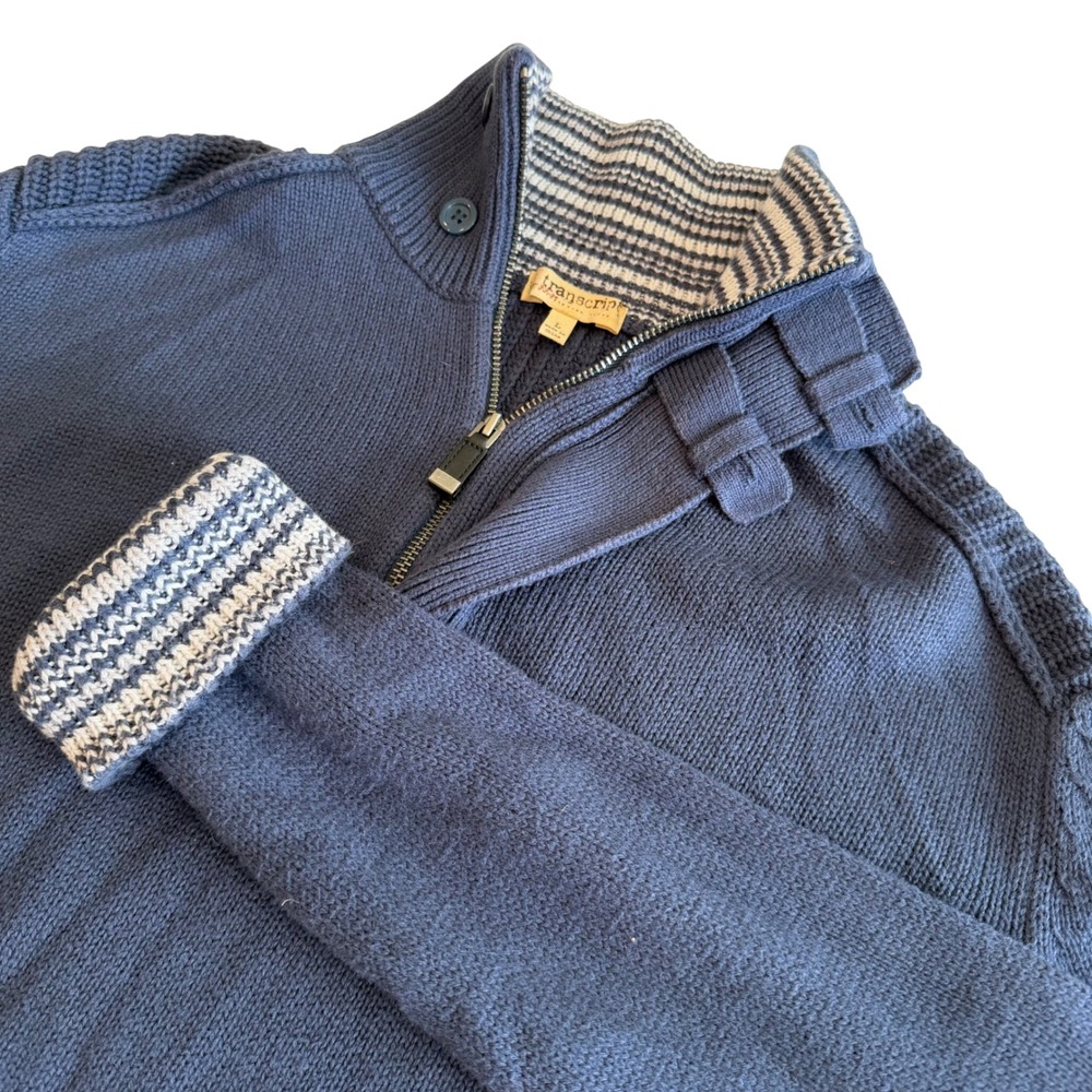 Transcript Mens Blue Cotton Cashmere Blend Quarter Zip Mixed Knit Sweater Large